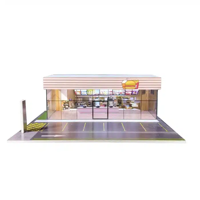 Restaurant fast-food miniature avec parking 1/64 11