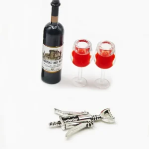 Bouteilles de vins rouges 1:12 - Bouteille, tire bouchon, 2 coupes rouge clair