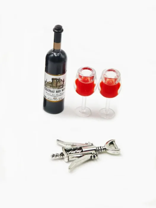 Bouteilles de vins rouges 1:12 - Bouteille, tire bouchon, 2 coupes rouge clair